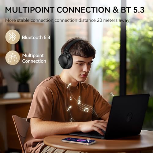 TECKNET Noise Cancelling Headphones Wireless & Wired, 70H Playtime Bluetooth Headphones Wireless Over Ear Built-in Mic,3.5mm Cable Dual Connection Foldable Headset for Home Office Travel, Light Black — view 5