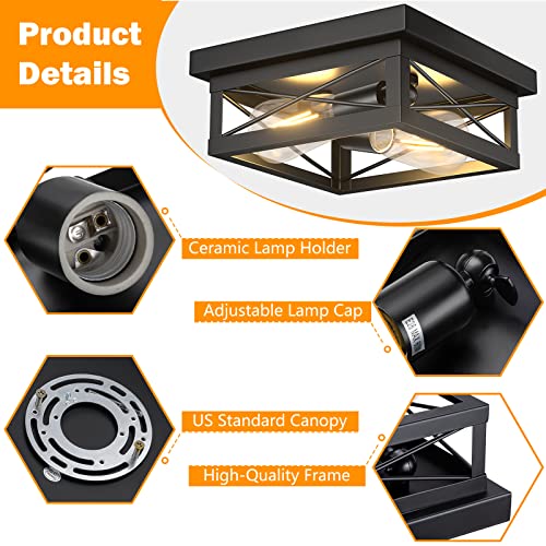 Aolloa Industrial Black Flush Mount Ceiling Light, Farmhouse Lighting Fixtures 2-Light Metal Square Ceiling Light Fixture For Hallway, Kitchen, Bedroom (1 Pack) #TOP2