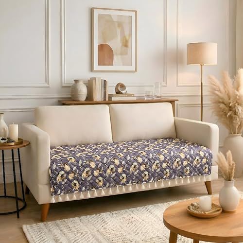 Image of BSB HOME Cotton Sofa Cover Throw with Tassels, Soft Breathable Fabric, Printed Couch Cover for Living Room, Lightweight Furniture Protector (27 x 70 Inches / 69 x 178 cm) (Lavender & Mustard Gold)
