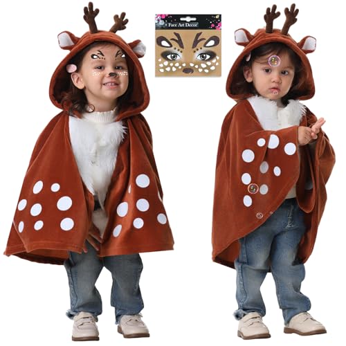 EinZeugnik Reh Kinderkostüm Mädchen Rentier Cape Reh Rentier Haarreifen Gesichtstattoo Fasching Tierkostüm Kinder Karneval Motto Party Weihnachten Cosplay