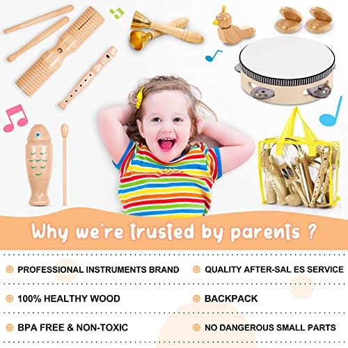Jojoin Wooden Musical Instruments for Toddlers - 20 PCS Natural Percussion Instrument Toys with Wide Variety | Storage Handbag - Baby Musical Instrument Toys for Kids 3+ Year Olds
