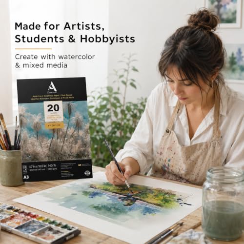 Image of ArtRight Artists' Watercolor Paper A3 300 GSM - 20 Sheets of Handmade Rough Grain Water Colour Papers for Watercolour, Acrylic, Gouache, Ink & Mixed Media