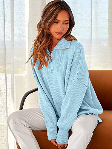 Image of ANRABESS Womens Oversized Quarter Zip Pullover Sweaters | Fall Fashion Outfits, Long Sleeve Slit Side, Baggy Loose Fit, 1 /4 Zip Lapel Collared, Ribbed Knit Soft Warm Winter Clothing