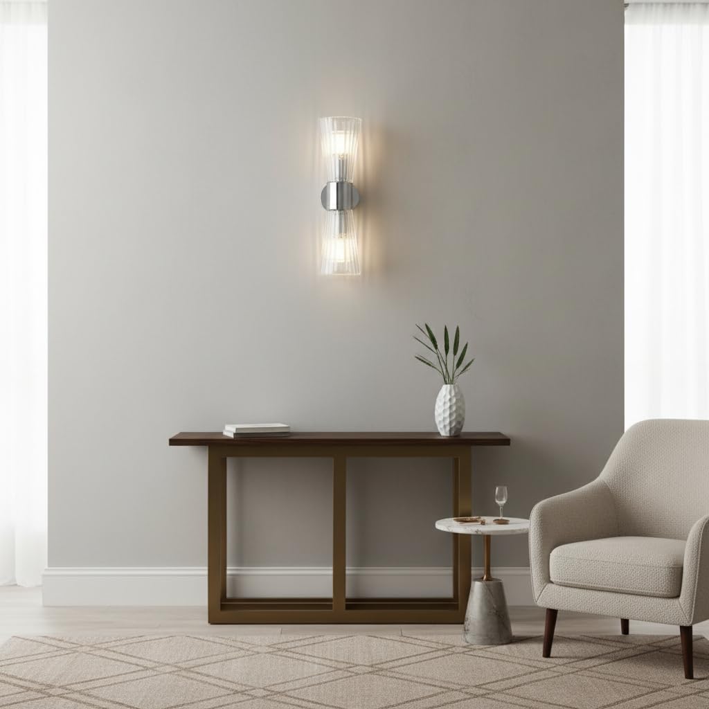 Aplique de Pared de Cristal 2 Luces E14 Doble Extremo Vidrio Acanalado Diseño Reloj de Arena Lámpara de Pared Moderna Acabado Plateado para Dormitorio Salón Pasillo Escalera Hotel (Plateado)