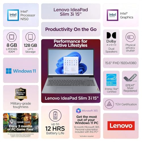 Image of Lenovo IdeaPad Slim 3i Laptop, 15.6 inch FHD, Intel N150, 8GB /128GB