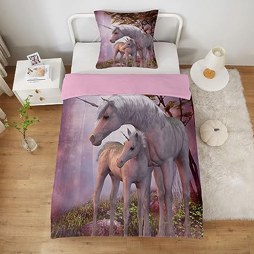Yasida Housse De Couette Licorne Cheval 140x200 Fille Rose 3D Imprimé Parure De Lit 1 Personne Housse De Couette 140x200 ZippéE Au Drap Housse Taie Oreiller...