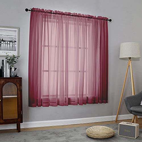 Image of Chyhomenyc Burgundy Sheer Curtains 63 Inches Long 2 Panels Set, Light Filtering Voile Window Drapes for Bedroom Living Room, 42Wx63L Inch, Burgundy, 2PCS