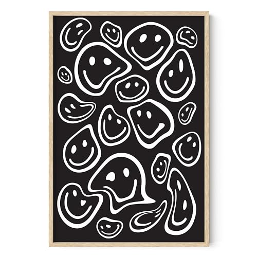 HAUS AND HUES Black and White Wall Art - Smiley Face Poster, Trendy Aesthetic Wall Decor, Unique Melted Acid Design, Perfect for Bedroom, Living Room, or Dorm Decor (Beige Frame, 24x36)