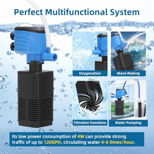 Image of DaToo Aquarium Filter 5-15 Gallon Fish Tank Filter 120GPH Powerful Pump for Aquariums Adjustable Air Flow Submersible Internal Aquarium Filters for Pond Wavemaker Air Supply Freshwater and Saltwater