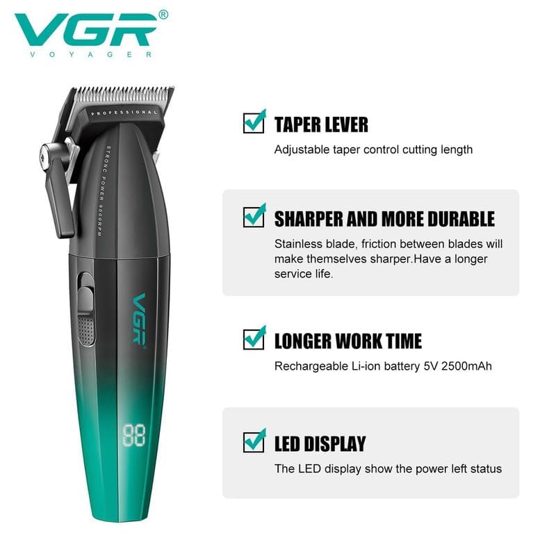 Image of VGR V-003 Ultra Premium Professional 9000 RPM 2 Speed Hair Clipper Set Metal Housing Ceramic & Powder Metallurgic Blade Digital Display 2500 Battery 4 adjustable Taper Lever 6 Guide comb (GREEN)