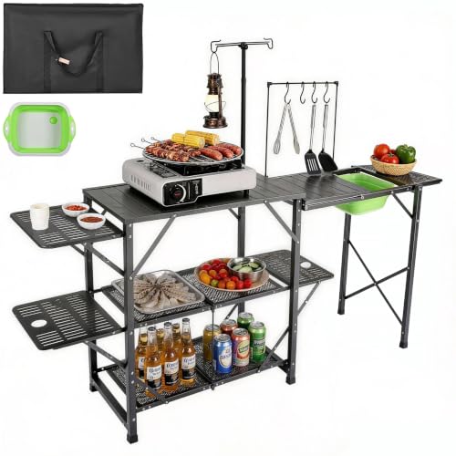 VEVOR Camping Kitchen Table with Sink, Aluminum Folding Portable Outdoor Cook Station, 2 Shelves & Carrying Bag for Picnic BBQ Beach Traveling