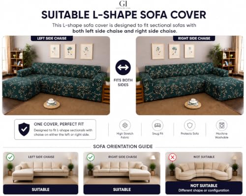 Image of Gifts Island Premium 160GSM Super Soft Green Stem Stretchable Sofa Cover L Shape 7 Seater Fully Covered | Suitable for Both Left and Right Side Chaise Sofa (Green Stem, 4+3 Seater)