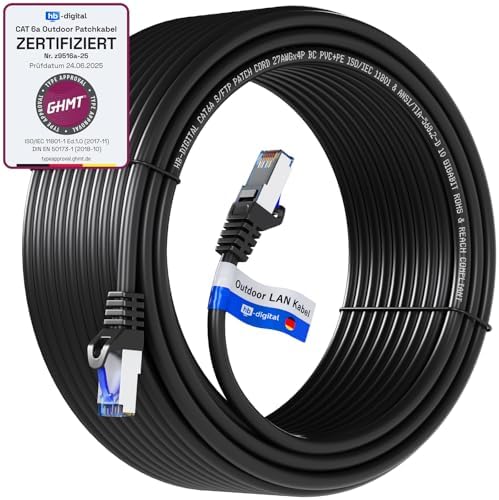 HB-DIGITAL 25m CAT 6a Outdoor LAN Kabel - Schwarz | Netzwerkkabel Patchkabel IP66, GHMT Zertifiziert, RJ45 Ethernet S/FTP PiMF 10 Gbit/s, AWG 27/7 PoE-fähig