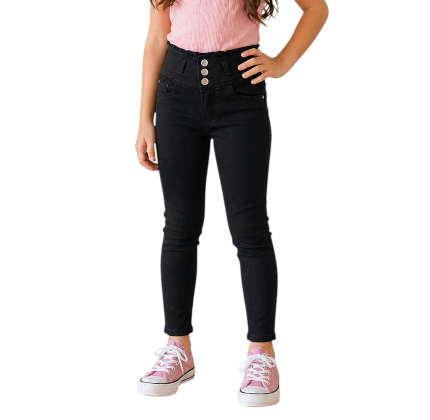 Girls' Black High-Waist Skinny Jeans with Triple Button-picture-34
