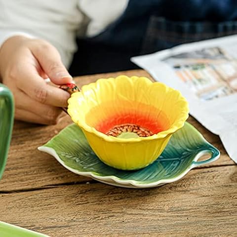Beddinginn Colorful Tea Cups and Saucers, Sunflower Coffee Cup and Saucer Set with Spoon, China Hand Crafted Tea Set (Yellow) Cover