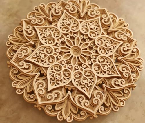 Image of American Elm Wooden Multilayer Mandala Flower 3D Layered Wall Art Decor - MDF Mandala Cutout - Decorative Wooden Mandala Art for Home and Office (10x10 Inch)
