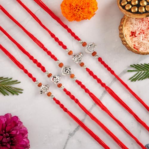 Image of Rakhi for Brother Set of 5 Raksha Bandhan Rakhi Bracelet, Rakhi Brother Set | Handcrafted with cotton thread and rudraksh beads, includes greeting card
