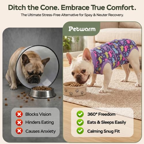 Image of PetWarm Post Neuter Surgery Suit for Dogs, Dog Coat's Inner Clothes, Substitute E-Collar and Cone, Dog Onesies Pet Surgery Recovery Suit for Dogs, Dinosaur Pattern, Purple, XL