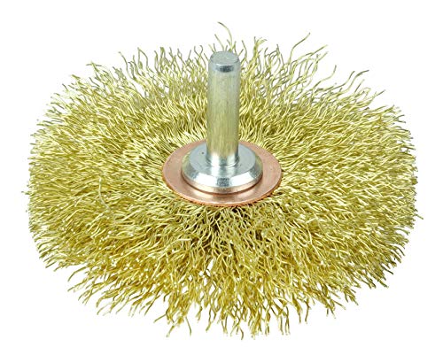 Image of Weiler 17641V 3 inch Stem-Mounted Crimped Wire Wheel, .0118 inch Brass Fill, 1 /4 inch Stem, Vending Ready, Made in The USA