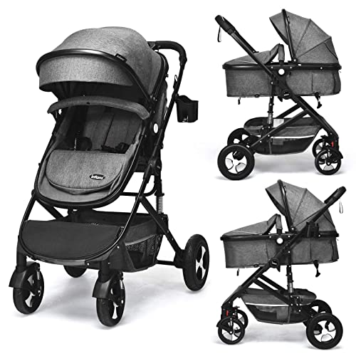 2 in 1 Convertible Jogging Stroller, Baby Stroller Jogger Travel System with 360° Front Rotate Backrest Adjustable Canopy Safety Harness Footrest Storage Basket Jogger Stroller for Baby