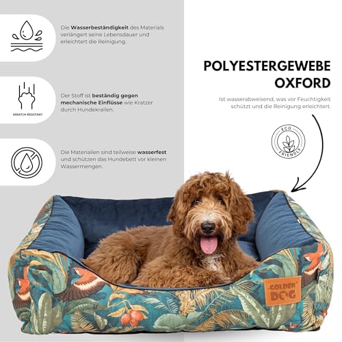 Golden Dog Hundebett Hundekorb Waschbarer Hundekorb Flauschige Hundematratze mit erhöhten Rändern Weiches Hundesofa, Katzen Samt „Square Kinia“ (Vögel, XL)