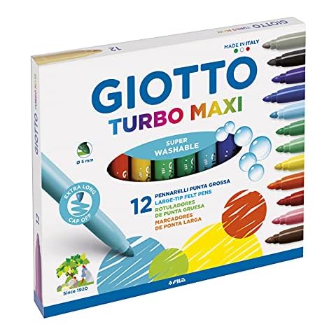 GIOTTO Turbo Maxi Super Washable Felt Tip Fibre Pens, Large Tip Nib 5mm, 12 Assorted Colours, Ideal for Children, Parties and Schools Cover