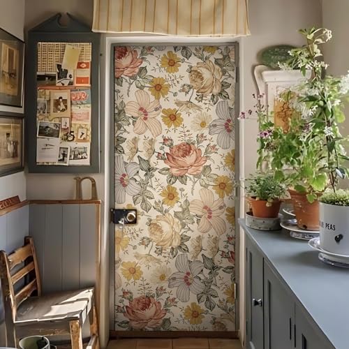 Funlife Türtapete Türfolie Selbstklebend PVC Türaufkleber Bunt 76x200 cm - Tür verschönern Türaufkleber Türklebefolie Retro Blume