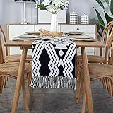 Algodón Lino Camino de Mesa, de Varios Tamaños Moderno Geométrico Modelo Manteles Lavable con Hecho a Mano Borla para Rústico Cortijo Decoracion de Mesa-negro-32X220cm(12.5X86in)