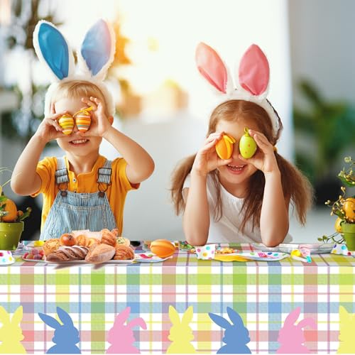 Image of OQOQ Plaid Pastel Easter Tablecloth (3 Packs) -108x54 inches Easter Table Cloth Colourful Happy Bunny Disposable Waterproof Table Cover for Spring Party Decoration Picnic Dinning Home Decor