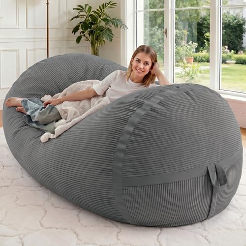 Image of 5FT Bean Bag Chair 5'Giant Bean Bag Chairs with Adults, Large Beanbag Chair | Bean bag Lounger with Machine Washable Cover Corduroy Fabric, Comfy Chairs for Living Room Bedroom Dorm, Darkgrey