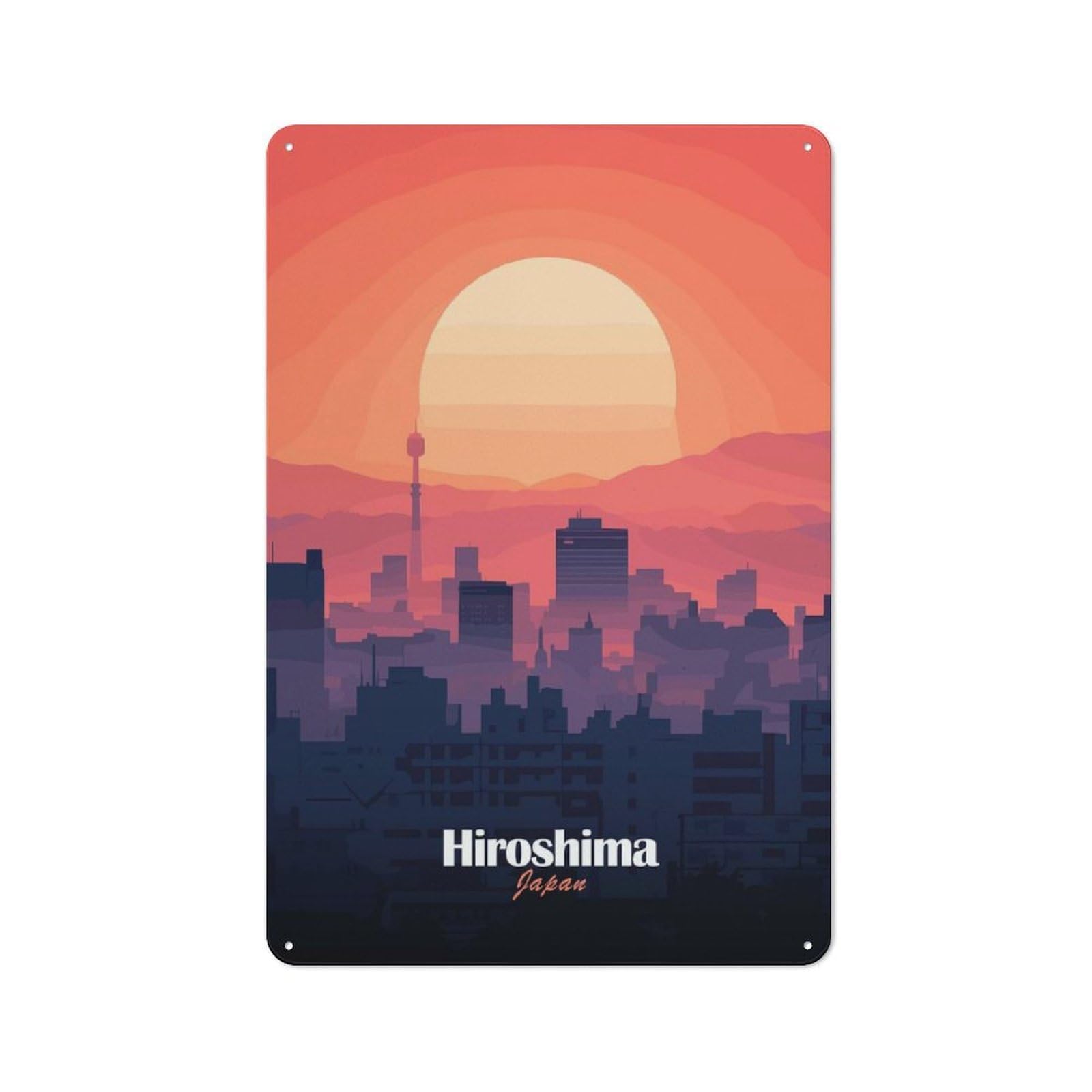 Junmoney Style-16 Hiroshima Skyline Sunset Rustic Tin Wall Plaque 30X20cm For Hobby Room Or Studio, A Christmas Gift For People Styling Hobby Room And Studio