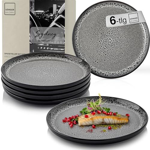 Sänger Sydney | Teller Set 6 Personen, Steingut Geschirr Set 6 teilig, Speiseteller Essteller Dinner Set kratzfest, Plates Set spülmaschinenfest, Steingut Speise Teller dunkel grau | VALUE COLLECTION