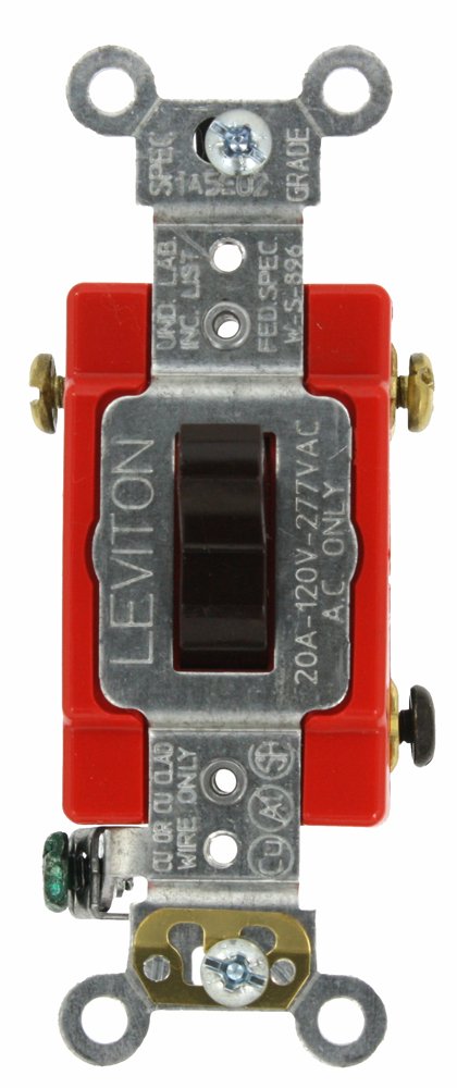 Leviton 1223-2 20-Amp, 120/277-Volt, Toggle 3-Way AC Quiet Switch, Extra Heavy Duty Spec Grade, Self Grounding, Back and Side Wired, Brown