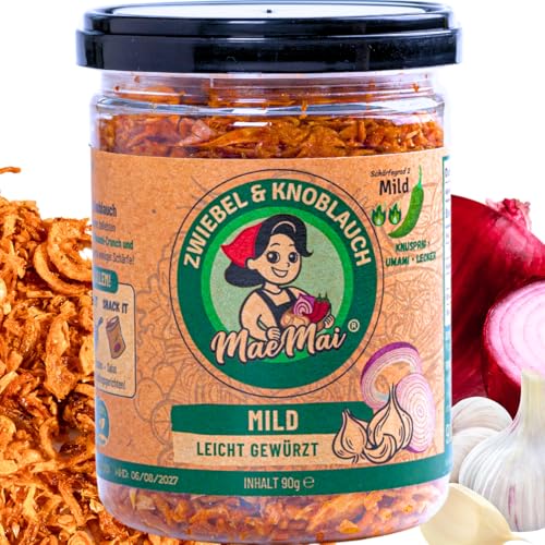 MaeMai Chili Crunch Würze Röstzwiebeln & Knoblauch Knusper Scharfes Umami Topping aus Thailand | Vegan Glutenfrei Ohne Zusatzstoffe | Perfekt für Reis Nudeln Grill Burger Pizza & Hotdog Mild