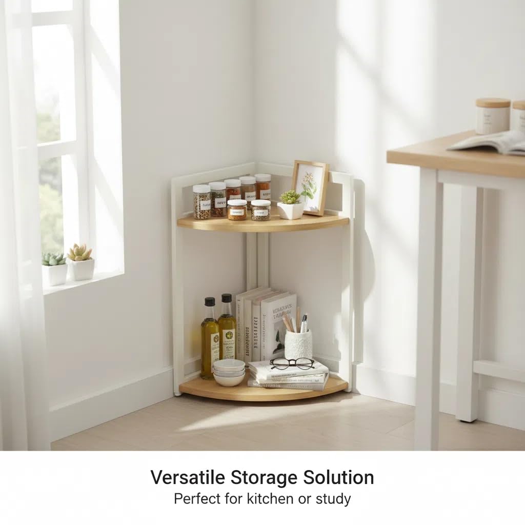 XZ-22122 Estante de Esquina de 2 Niveles con Marco de Metal Blanco y Baldas de Madera, Repisa Curva para Cocina, Estudio, Baño y Salón, Solución de Almacenaje para Rincones