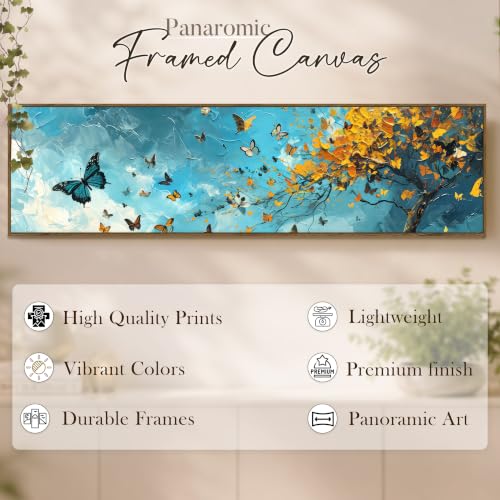 Image of Large Canvas Painting Panel Framed Wall Painting Blue and Yellow Butterfly Tree Framed Luxury Paintings for Home Decoration, Living room, Bedroom and Office Decor (Blue, 13x47 Inch)