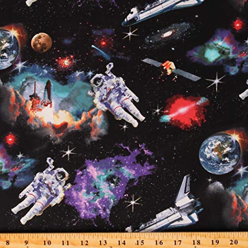 Cotton Rockets Spaceships Astronauts Moon Solar System in Space Black Cotton Fabric Print by The Yard (D674.74)