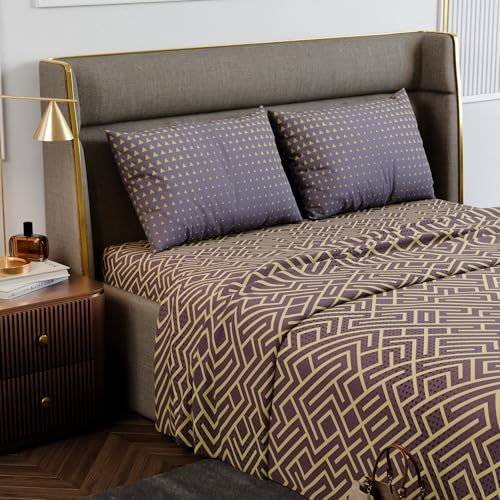 Image of Stoa Paris 100% Cotton Super King Bedsheet with 2 Pillow Covers for King & Double Beds,180TC Printed Bedding Set, Breathable, All-Season Comfort, Lightweight, Urbanscape - Marigold Maze (274cmx274cm)