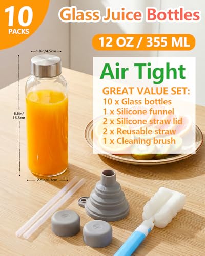 Image of Zukro 12 oz Glass Juice Bottles with Lids, Airtight & Leak proof, Reusable Clear Small Glass Bottle With Stainless Steel Cap for Juicing, Water, Smoothie & Milk, Dishwasher Safe & BPA Free, 10 Pack