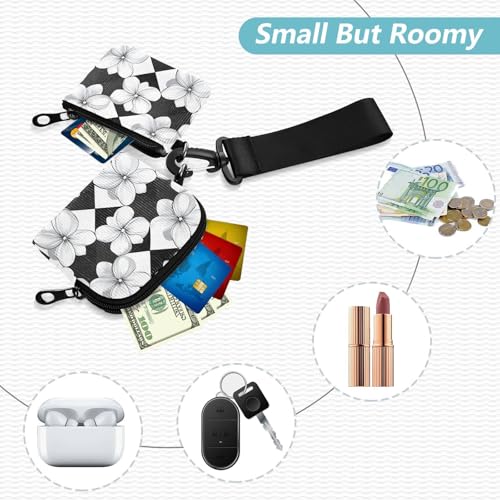 Checkered Black and White Pattern FLOWERs Women's Coin Pouches Card Holder Small Portable Credit Card Wallet Organizer with Wristlet Strap for Women 2 Packs2