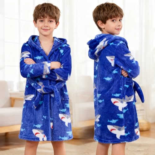 Image of Boys Girls Bathrobes,Toddler Boy Girl Robes,Children's Plush Soft Coral Fleece Hooded Pajamas Sleepwear for Kids