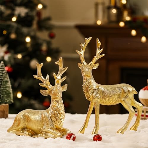 Lulu Home 2 Packs Gold Reindeer Figurines, Resin Christmas Reindeer Decor for Home, Sitting & Standing Nordic Style Elk Statues for Tabletop, Mantel, Office Desk, Cabinet Decorations