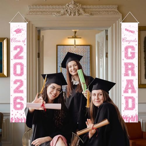 Image of 2026 Graduation Decorations, Light Pink Graduation Banner Class of 2026, Hanging Congratulations /Congrats Grad Porch Banner for Door Schools Grad Party Decorations Pink