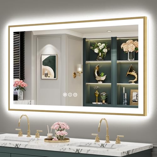 Image of 50x30 Gold LED Bathroom Mirror with Lights, Lighted Vanity Mirror | Backlit & Front Lit, Anti-Fog, Brushed Gold Framed, 3 Color Dimmable, Memory, Tempered Glass, IP54, UL Listed, Wall Mounted