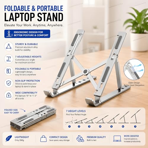 Image of STAR WORK Foldable Adjustable Laptop Stand for Desk, Aluminum Ergonomic Riser with 7 Height Levels, Portable & Lightweight, Anti-Slip Silicone Pads, Fits 10-17.3 inch Laptops, Tablets & Phones.