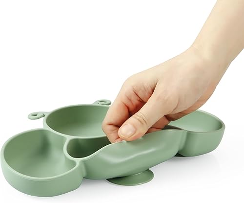 Miniatura 7 de PandaEar Paquete de 2 placas de succión de silicona para bebé, plato dividido irrompible para niños pequeños con 2 cucharas para autoalimentarse,