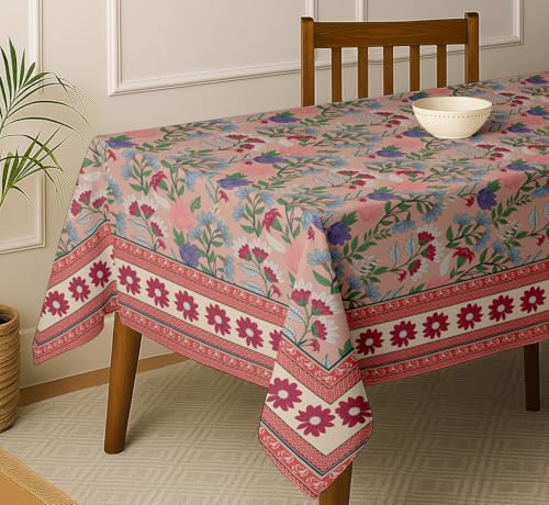 Vargottam Floral Theme Cotton Tablecloth - Pink 54x72 Inch Rectangle Dining Table Cover, Fits 4 to 6 Seater Tables, Strong & Stylish, Machine Washable, Perfect for Family Meals, Celebrations & Parties