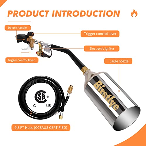 Propane-Torch-Weed-BurnerWeed-TorchHigh-Output-500000-BTU-flamethrower-with-Push-Button-Igniter-and-98-ft-HoseCSA-CERTIFIED-for-burning-weedsSilver