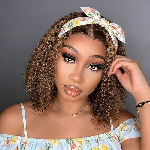 Image of XSY Headband Wig Human Hair Deep Wave Highlight Ombre #4 /27 Curly Headband Wig for Black Women Glueless None Lace Fronts Wigs 150% Density 10 Inch