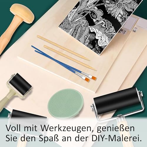 OUTALIZ Linoldruck Set, 3 Stück Rubber Brayer Roller (3,5cm, 6cm,10cm),Gummiwalze Andrückrolle, Mit 1 Pilzwalze 1 Gravur, Für Druckgrafiken, Stempeln, Drucken, Tinten, Tapeten und Kunsthandwerk